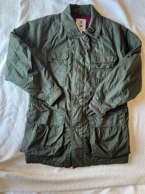 VINTAGE 80s Banana Republic Safari Jacket - Olive Green - Leather Trim - M